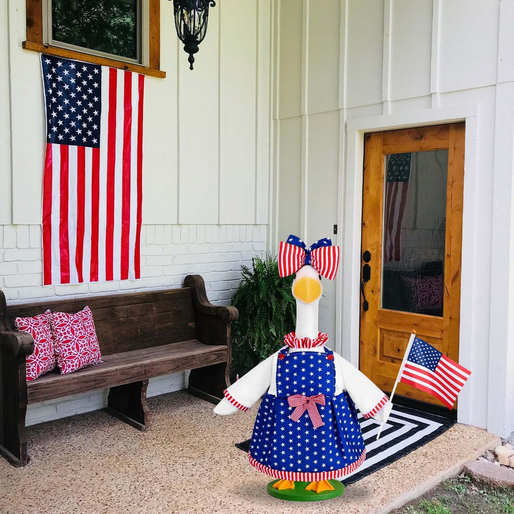 JcHrmers 4th of July Porch Goose Outfit 23 Inch Patriotic Goose Outfits Goose Stars Stripes Dress with Big Poofy Bow American Flag Fits for Independence Day USA 250th Anniversary Festival Decor