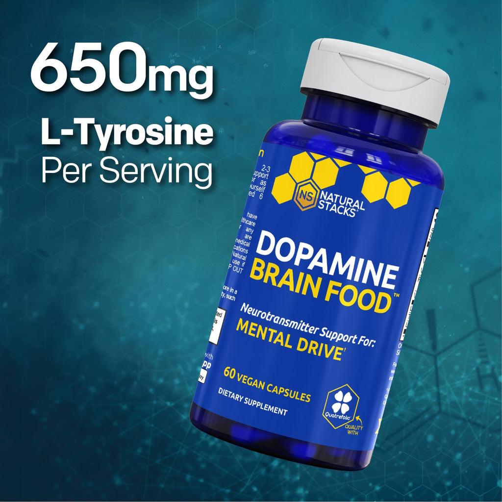 NATURAL STACKS Dopamine Brain Food - 650mg L-Tyrosine Supplement - Dopamine Supplement for Focus & Mental Drive - Supports Mental Energy - Neurotransmitter Support with B Vitamins - 60 Capsules