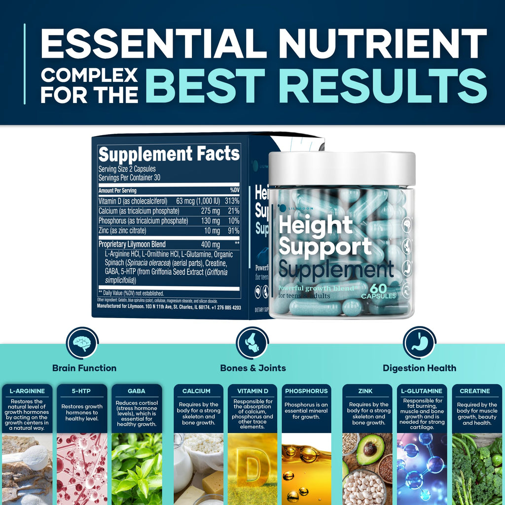 Height & Bone Support Supplement - Premium Height Growth Supplement for Kids & Teens with Calcium - Nutritional Support Bone Health Formula - Height Increase Essential Vitamins - 60 Caps