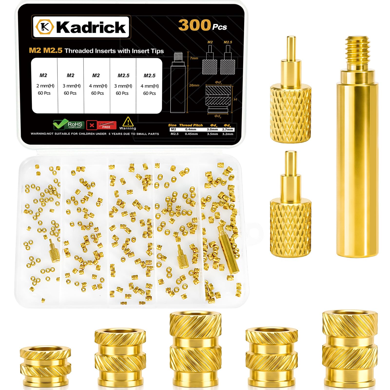 KADRICK 300PCS M2 M2.5 Heat Set Inserts Kit,M2*3/4/5mm*3mm M2.5*3/4mm*3.5mm