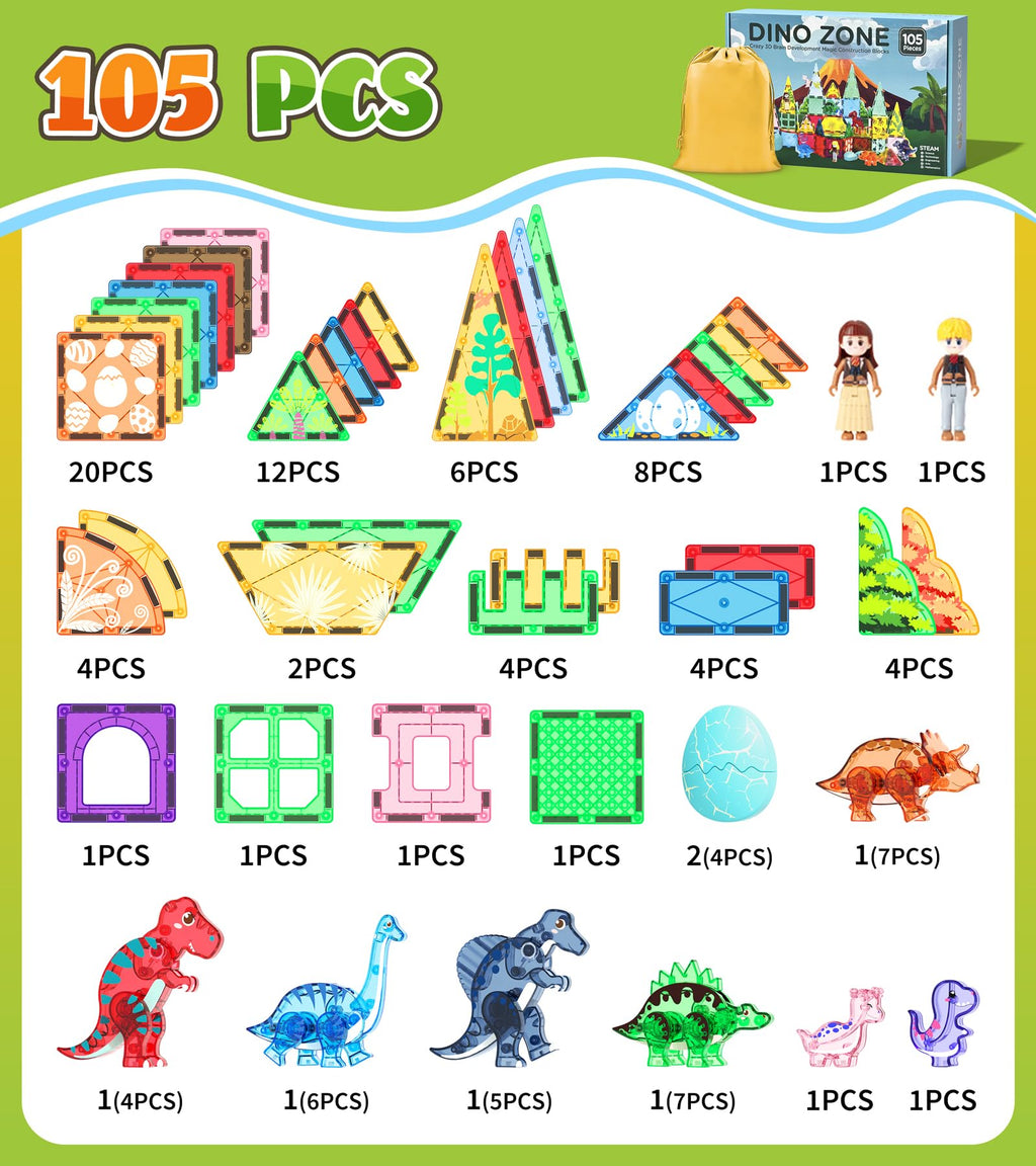 Asago Dinosaur Toys Magnetic Tiles Set - 2 Eggs, 2 Baby Dinos & 5 Large Dinosaurs for Kids 3-5, 105pcs Magnetic Building Blocks for Toddlers 1-3 4-8，Magnet Tiles Educational Toy for Boys Girls