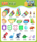 Asago Dinosaur Toys Magnetic Tiles Set - 2 Eggs, 2 Baby Dinos & 5 Large Dinosaurs for Kids 3-5, 105pcs Magnetic Building Blocks for Toddlers 1-3 4-8，Magnet Tiles Educational Toy for Boys Girls