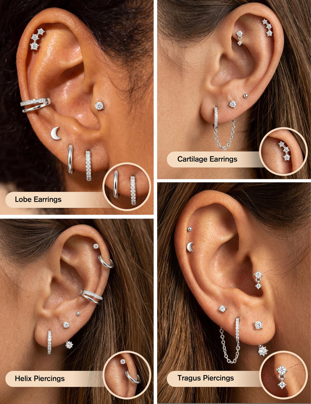 Florideco Silver Earrings Hypoallergenic Cartilage Earring Stacks