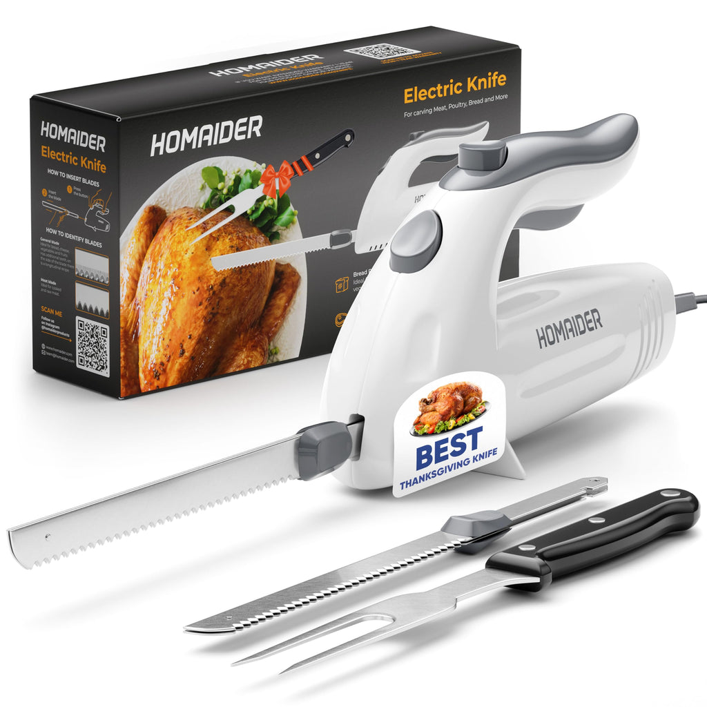 Homaider Electric Knife for Turkey, Meat Slicing, Bread, Fillet, Foam & More | Ergonomic Handle + 2 Stainless Steel Carving Blades & Serving Fork Included