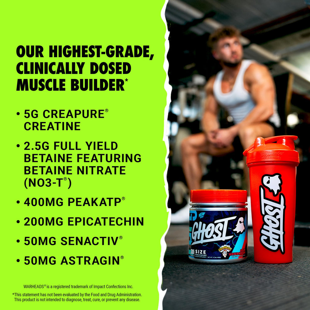 GHOST Size Muscle Builder Dietary Supplement - Warheads Sour Watermelon, 30 Servings – Support Muscle Growth & Strength Building for Men & Women - Creatine & Betaine - Free of Sugar & Gluten