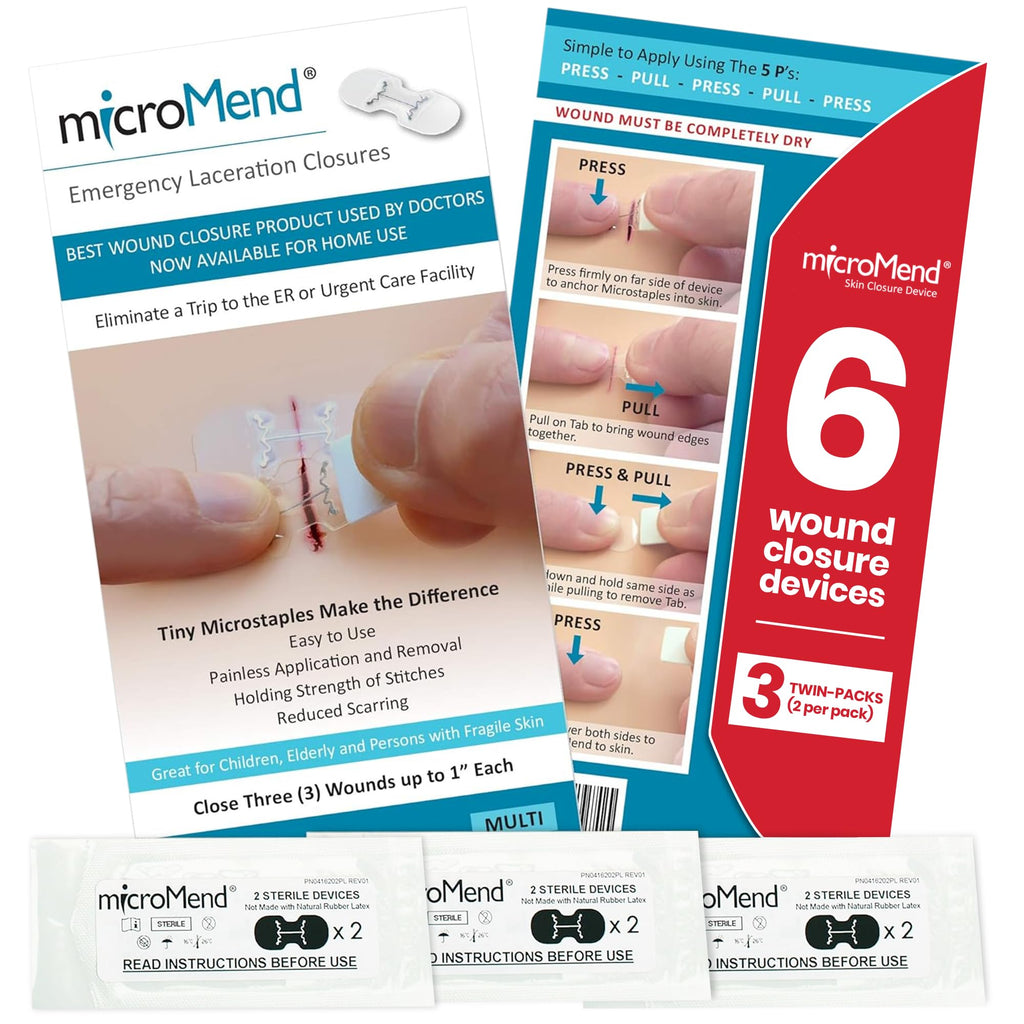 microMend Emergency Wound Closures - Surgical-Grade Laceration Repair Without Stitches | Skin Closure Alternative to Butterfly Bandages | First Aid Kit Essential (6 Medium Wound Closure Devices)