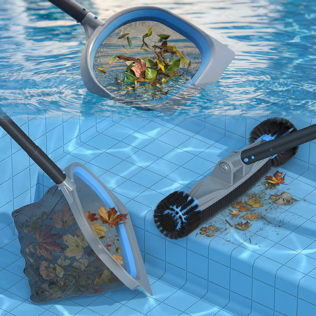 UIRWAY 3-in-1 Deluxe Swimming Pool Cleaning Kit - Includes Pool Brush with Detachable Side Round Ends, Deep Leaf Skimmer Net & Flat Fine Mesh Net for Inground & Above Ground Pools Cleaning(No Pole)