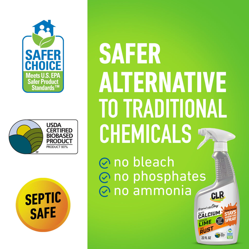 CLR Brands Calcium, Lime & Rust Remover with Cling, 22 oz. Spray Bottle, Adheres to Hard-to-Reach Surfaces, Blasts Calcium, Dissolves Lime Deposits, Zaps Stubborn Rust Stains and Hard Water Deposits