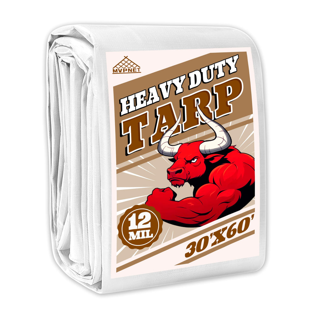 Tarp 30x60 ft Heavy Duty 12mil 100% Waterproof High Durability Multipurpose,Uv Resistant,White Tarp Suitable for Swimming Pools, Boats, Camping, Courtyards, Etc -by MVPNET