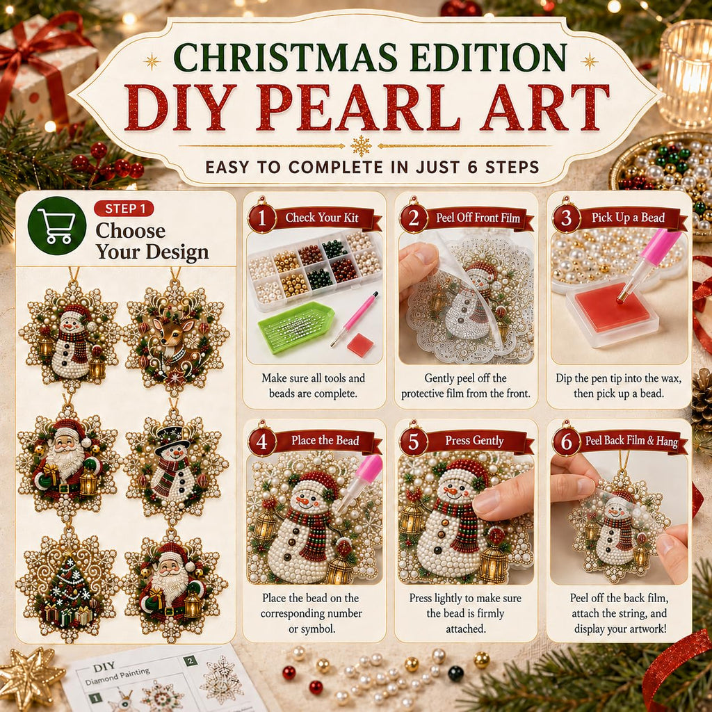 6 Pcs Christmas Pearl Art Ornament Kits, DIY Gem Craft for Tree Decor
