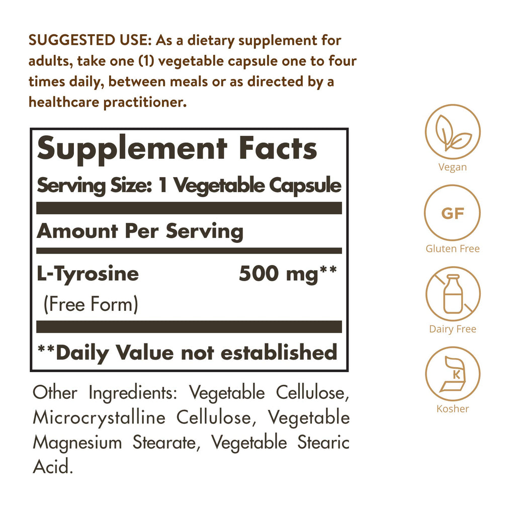 Solgar L-Tyrosine 500 mg, 100 Vegetable Capsules - Brain & Nervous System Support - Vegan, Gluten Free, Dairy Free, Kosher - 100 Servings