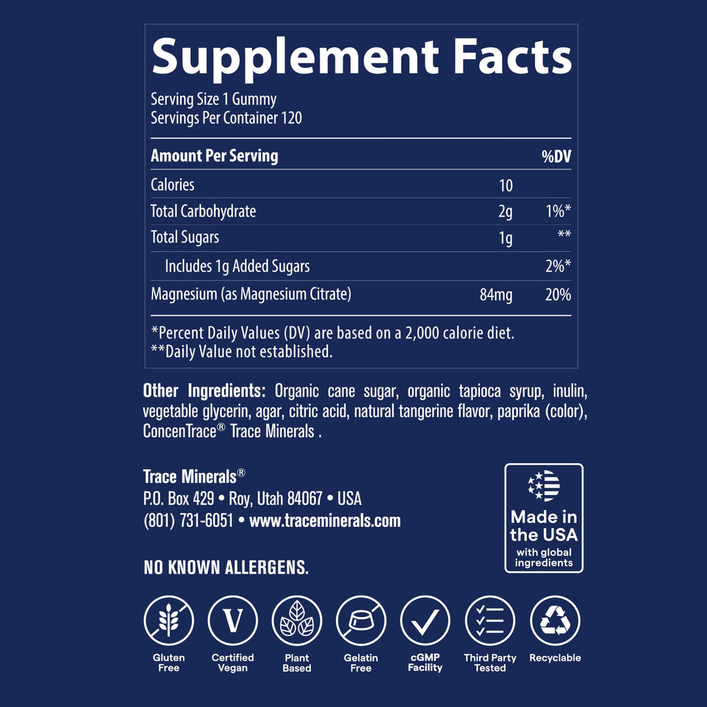 Trace Minerals Magnesium Gummies - Supports a Calm Mindset - Magnesium Chewables for Kids & Adults - Bone, Digestion, Heart Health & Immune Support - Peach Flavor - 120 Count (120 Servings)