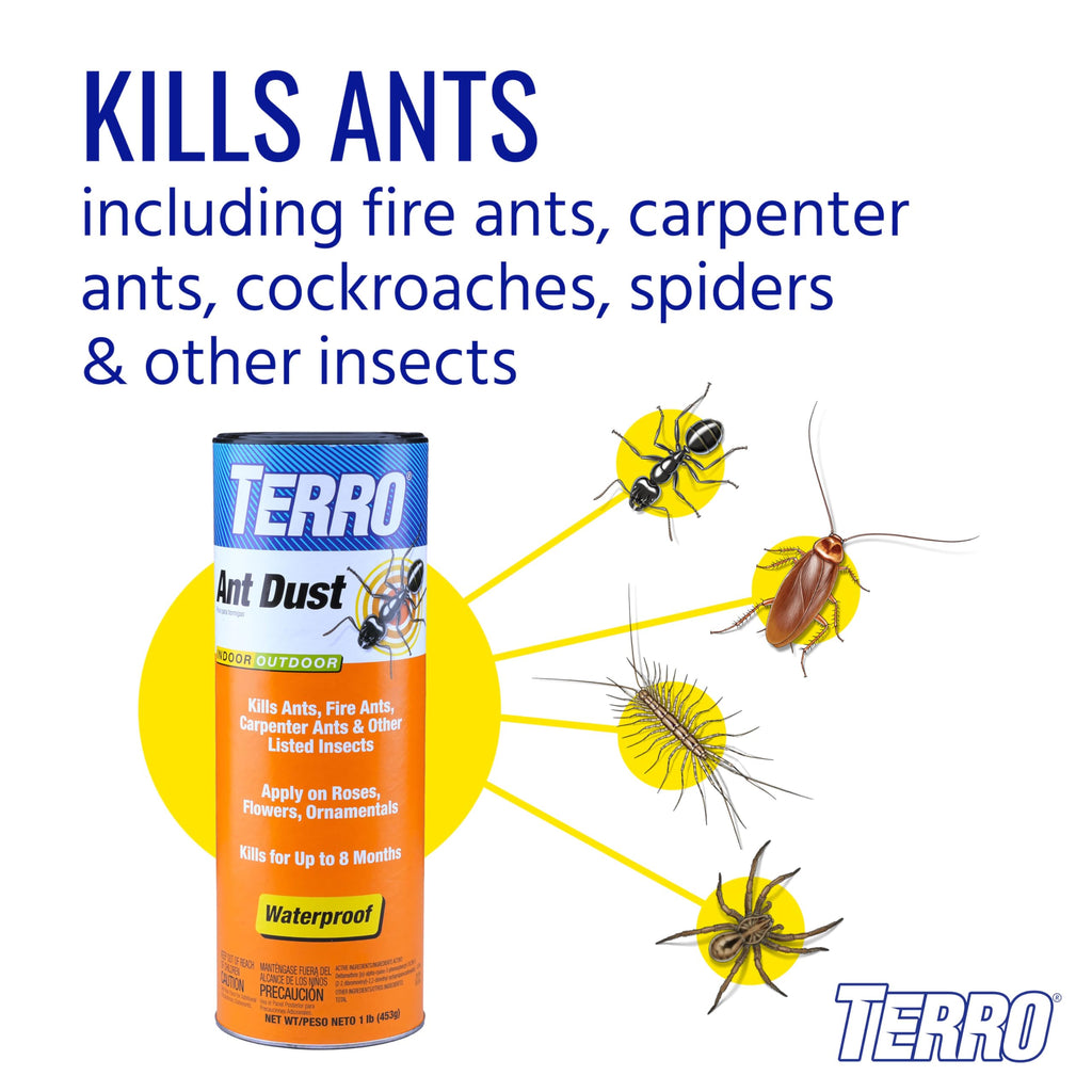 TERRO Ant Dust Powder Killer for Indoors and Outdoors - Kills Ants, Fire Ants, Roaches, Spiders, and Other Insects - T600 - Up to 8 Months Protection - Easy to Use
