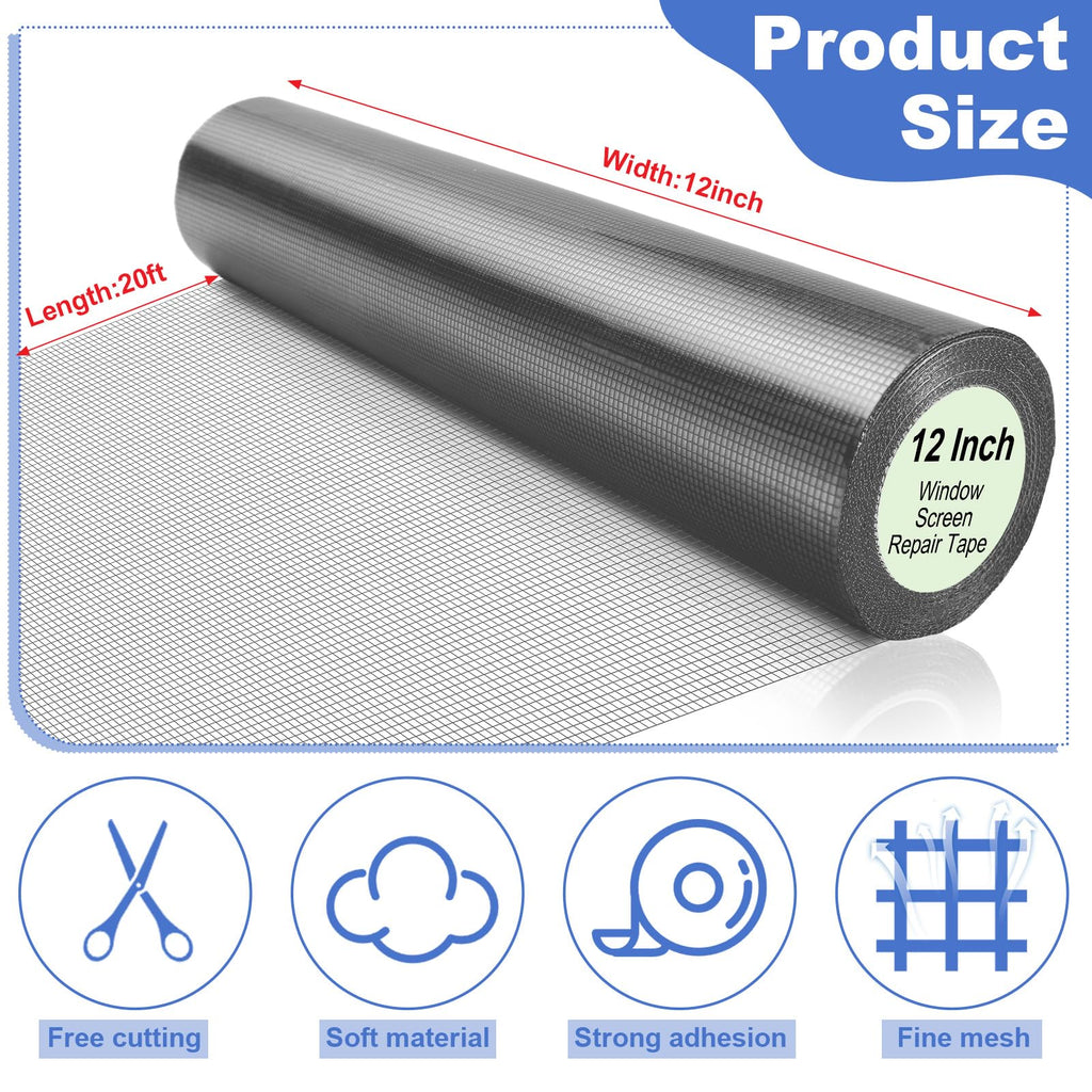 CroBlissful Extra Wide 12 Inch x 20 ft Window Screen Tape Mesh Repair Strong Adhesive Waterproof Fiberglass Screen Repair Kit Patch for Window Door Tears Holes(Gray)