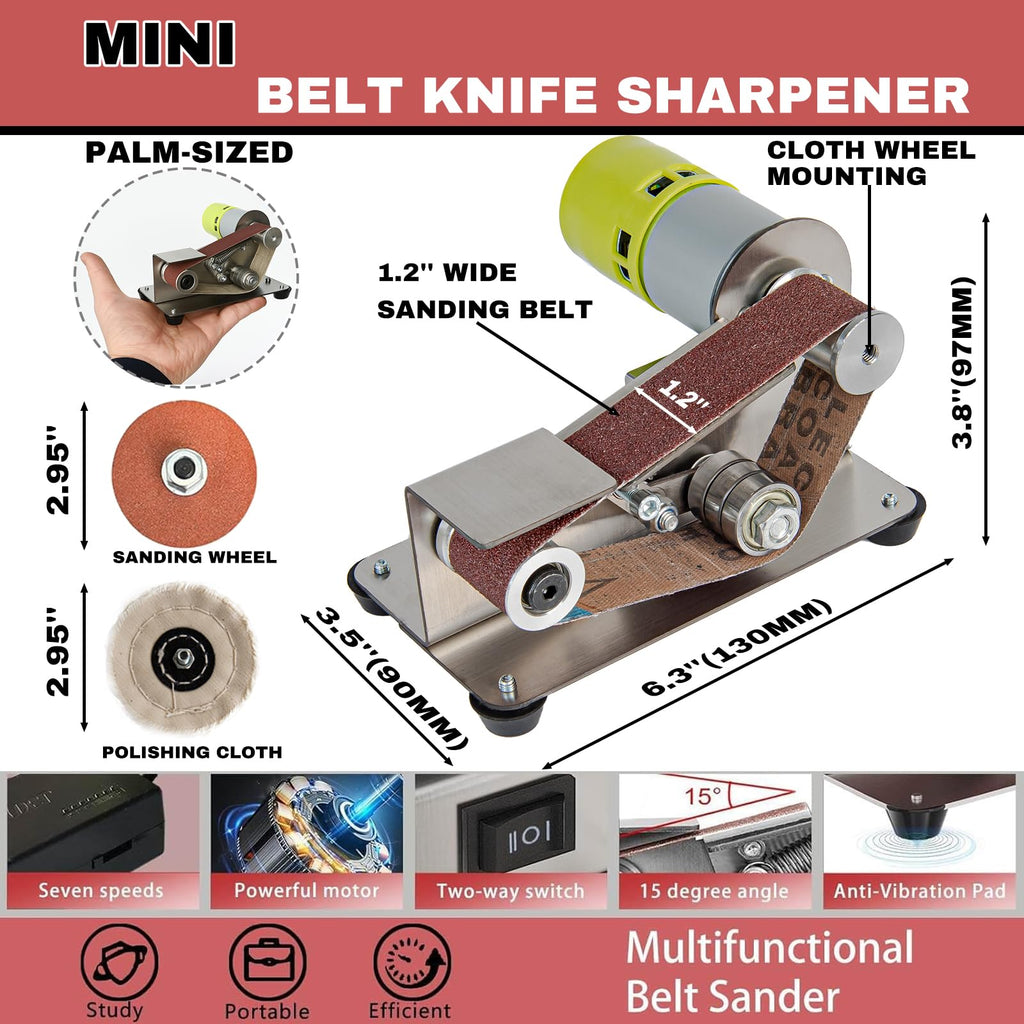 Mini Belt Sander, 7 Adjustable Speed Electric Knife Sharpener, 15 Degree Belt Grinder, Power Belt Sander for Metal Working