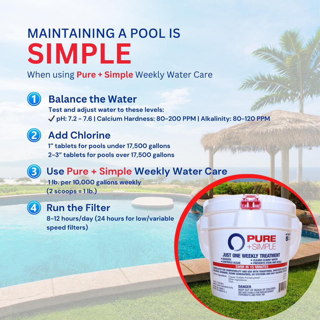 Pure + Simple | All-in-One Weekly Pool Treatment | Controls Algae & Clarifier for Swimming Pools with Copper-Based Formula | Ideal for Above Ground and Inground Use -5 lbs