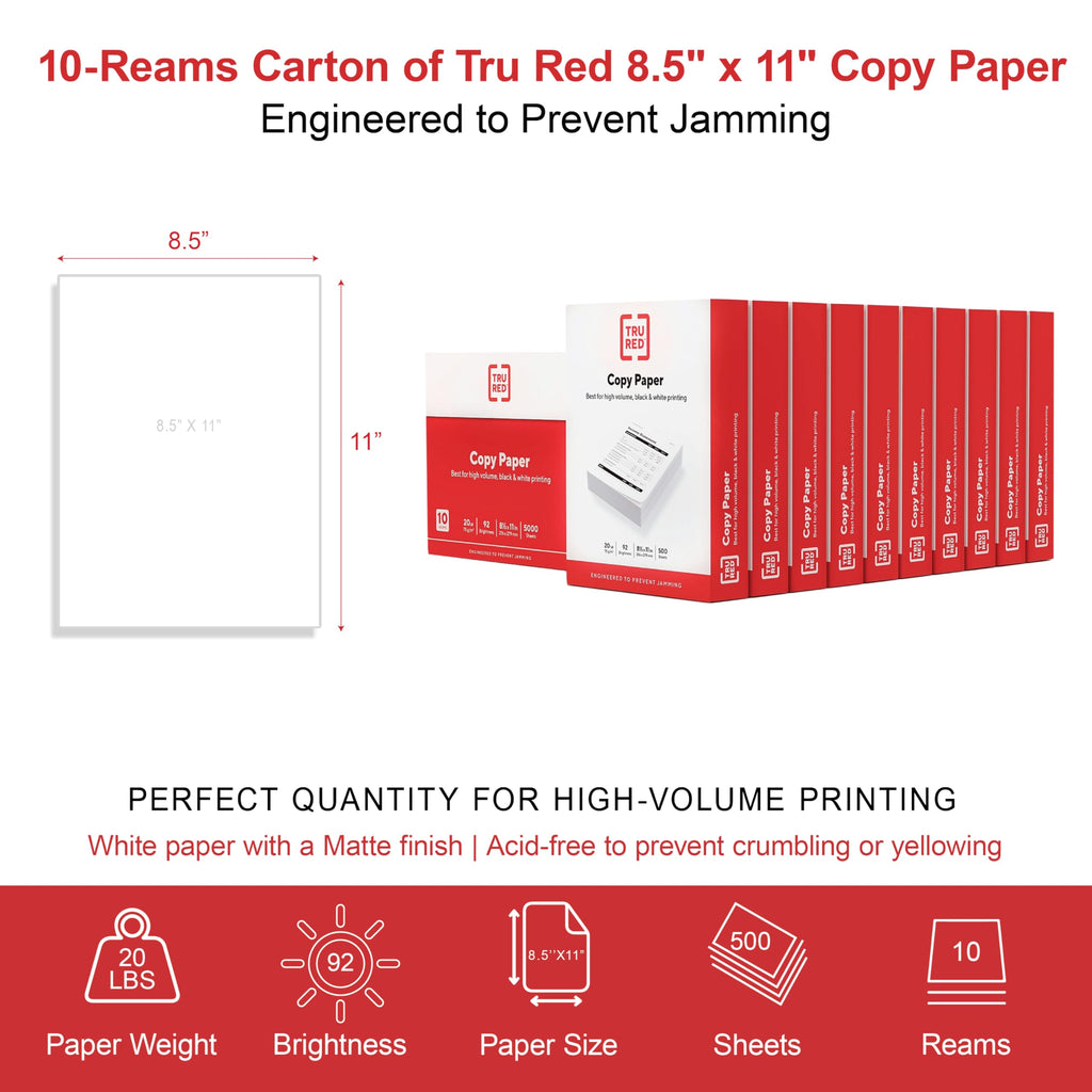 TRU RED by Staples Copy & Printer Paper, 8.5x11, 20lb, 92 Bright, 5,000 Sheets/Carton