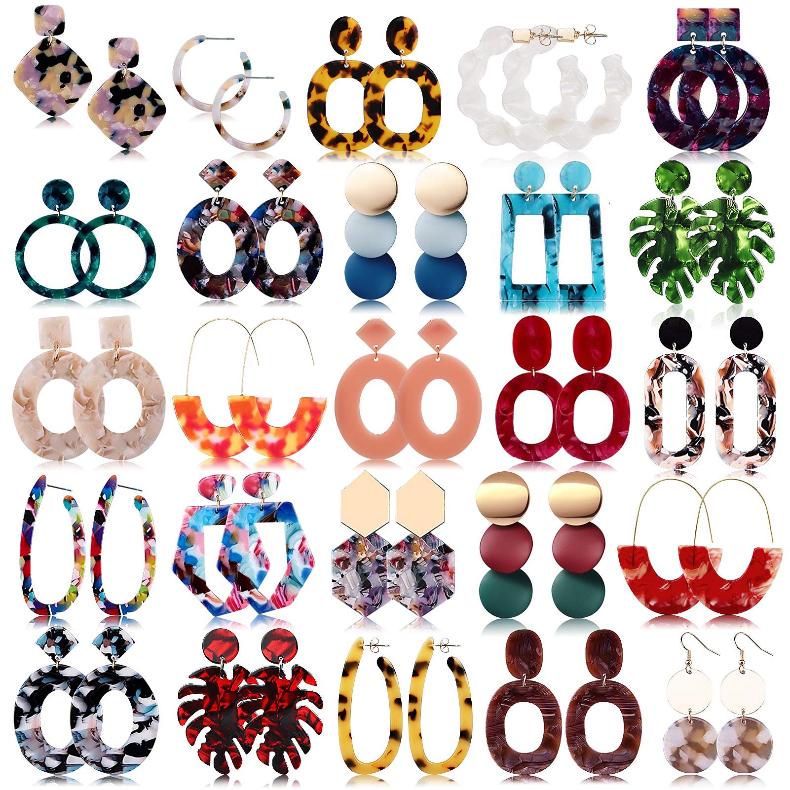 FIFATA 25 Pairs Acrylic Resin Statement Earrings Set for Women Mottled Hoop Fashion Drop Dangle Jewelry Hypoallergenic for Sensitive Ears