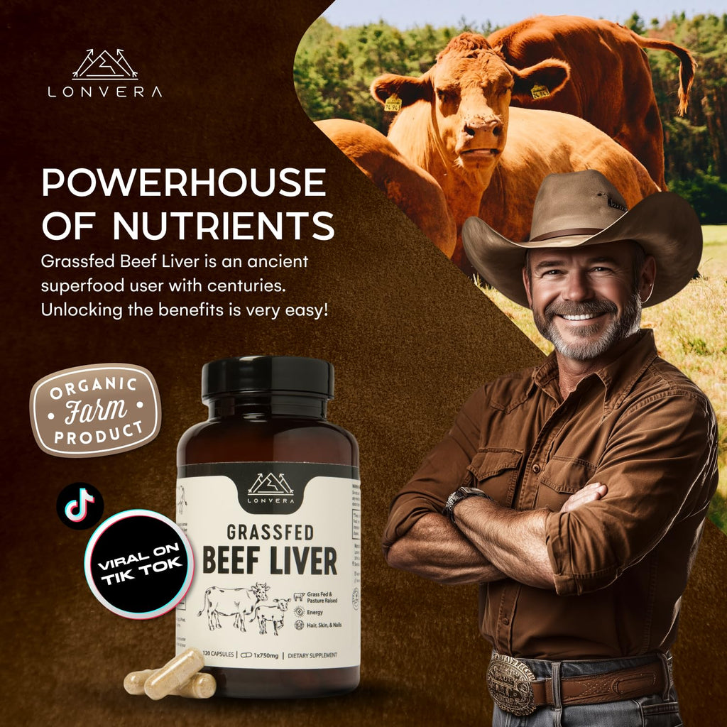 Lonvera Grass Fed Beef Liver Capsules for Women and Men – 3000mg Freeze Dried Desiccated Organs – Nutrient Source for Joints, Bones, Hair, Skin, Nails & Daily Energy – 120 Pasture-Raised Capsules