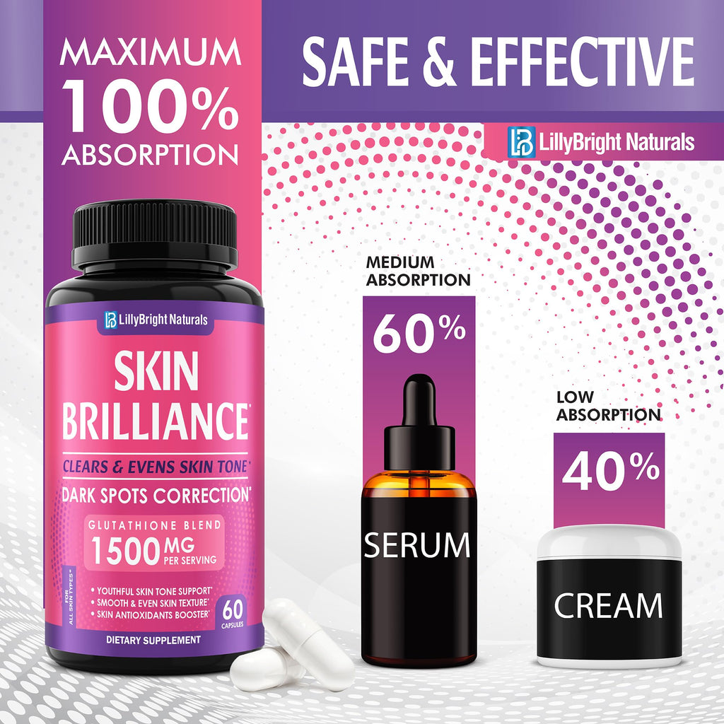 Glutathione Capsules - 1,500mcg L-Glutathione Supplement with Vitamin C - Skin Tone Enhancer - Targets Dark Spots & Acne Marks - Antioxidant Supplement for Beauty & Health Support - 60 Skin Pills