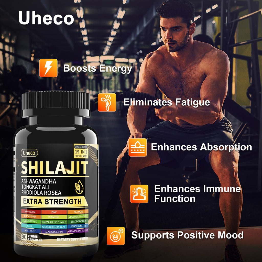 Uheco Shilajit Supplement with Sea Moss, Ashwagandha, Tongkat Ali - Shilajit Pure Himalayan Organic Fulvic Acid Capsules - 90 Count