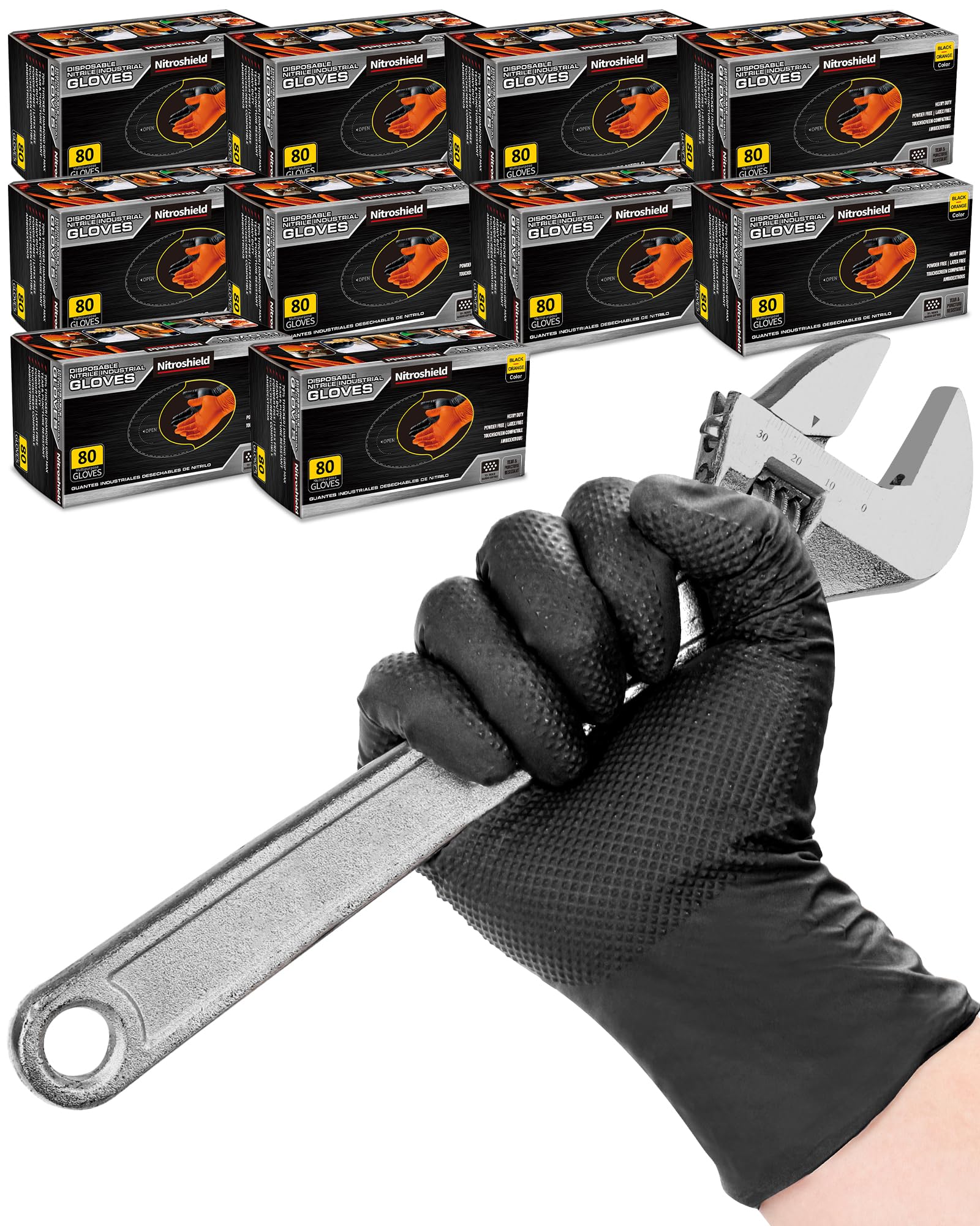 nitroshield 9mil Heavy Duty Disposable Nitrile Gloves, Black XLarge 800Pcs -Chemical Resistant, Latex Powder Free Rubber Gloves Diamond Texture for Automotive, Mechanics, Cooking,BBQ, Industrial Use