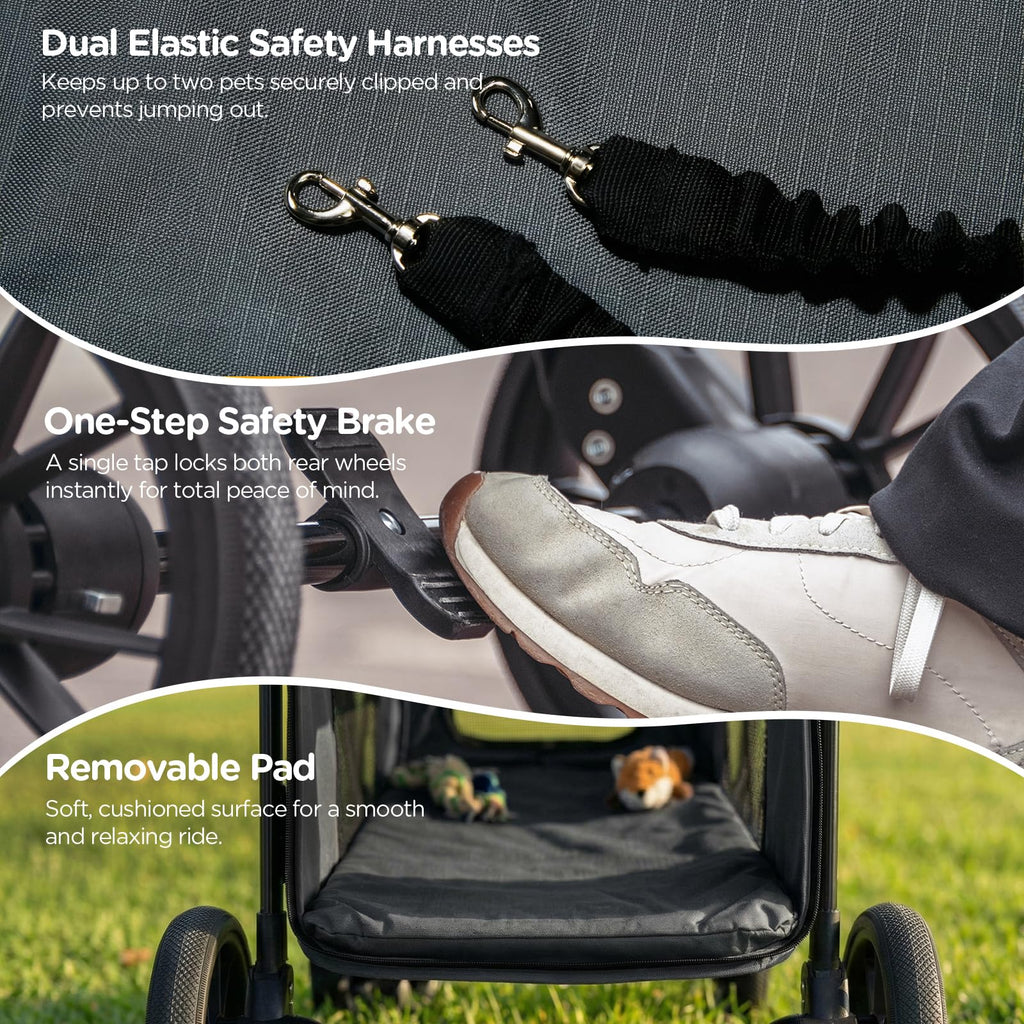 CANINE CANYON Scout Pet Stroller, Heavy Duty Dog Stroller for Large & Medium Dogs, Foldable Pet Stroller for 2 Small Dogs with All-Terrain Wheels, Storage Pocket & Cup Holder, 55 lbs Capacity, Black