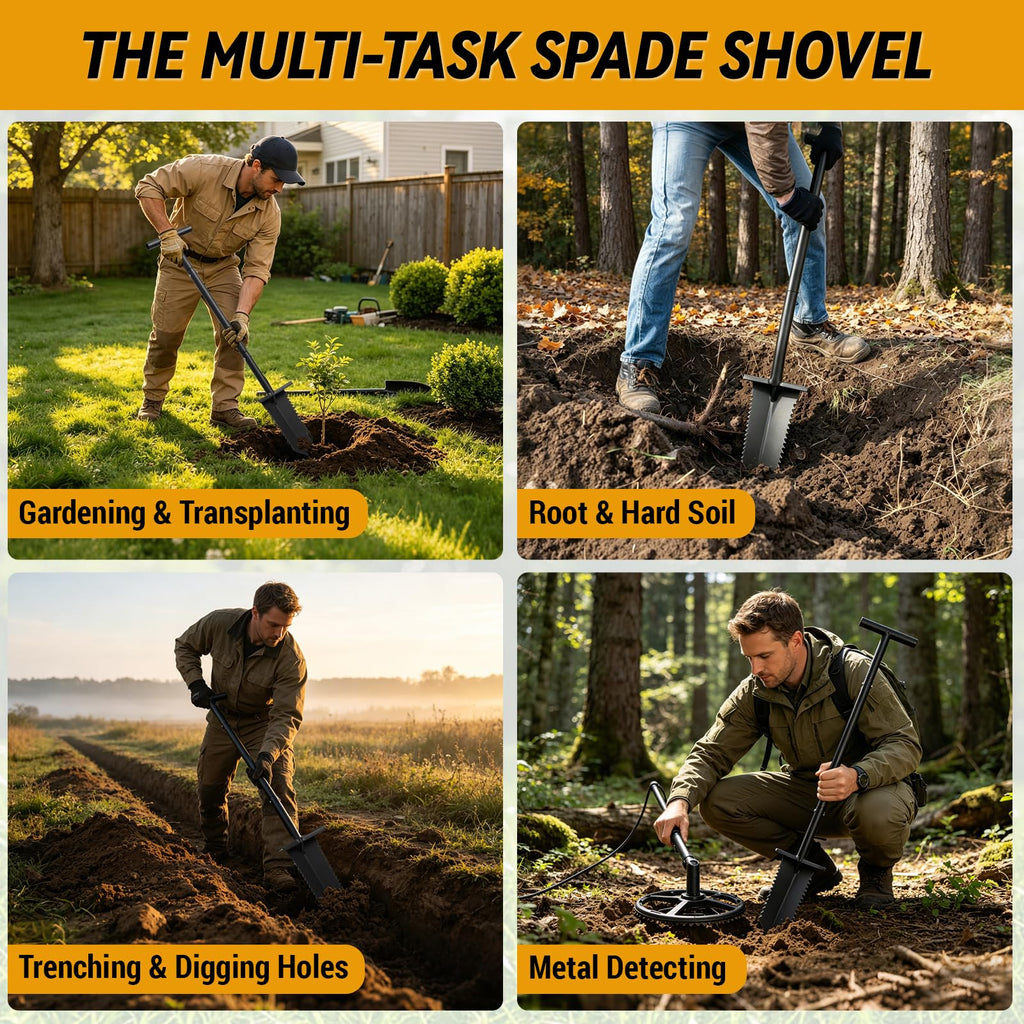 Metal Detecting Shovel, 39" Root Slayer Shovel with Serrated Blade, Lightweight and Durable Garden Spade Shovel, Metal Detector Shovel, Drain Spade for Cutting Root, Digging, Trenching, Transplanting