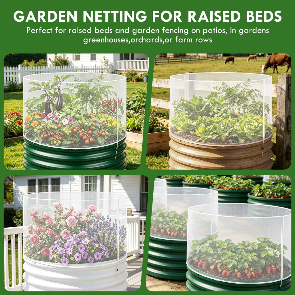 2 Pcs Garden Netting for Raised Beds for 2 FT Dia x 1 FT H Round Raised Beds Fine Mesh Plant Protection Covers with Drawstring & Zipper for Vegetables Herbs Flowers Seedlings