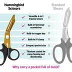 Nursing Tools Hummingbird 4 in 1 Medical Scissors - Compact Pocket Size Trauma Shears for Nurses, Students, Respiratory Therapists, Veterinarians, and Medical Professionals (Black + Black)
