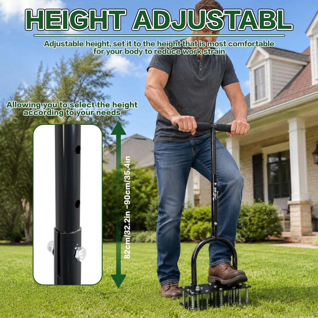 TreVark Lawn Aerator, Automatic Dirt and Leaf Clean Design, Heavy Duty Manual Lawn Aerator Tool with 15 Iron Spikes, Height Adjustable, Yard Grass Aerator for Lawn.