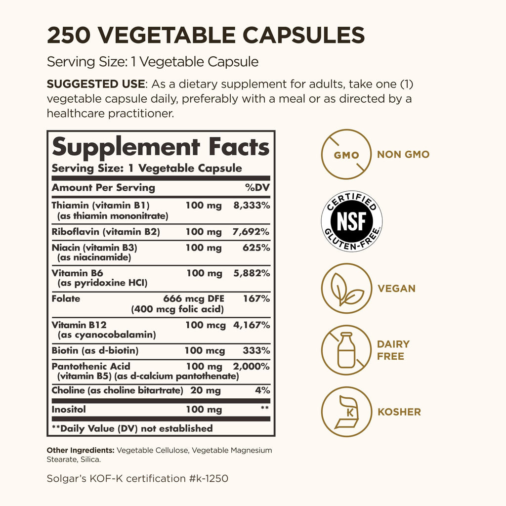 Solgar B-Complex "100", 250 Vegetable Capsules - Nervous System Support - Supports Energy Metabolism - Non-GMO, Vegan, Gluten Free, Dairy Free, Kosher - 250 Servings