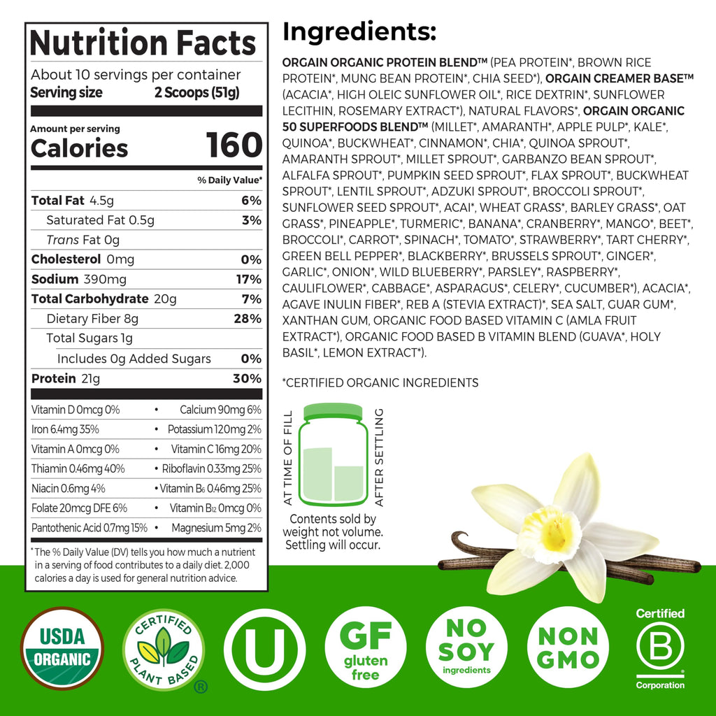 Orgain Organic Vegan Protein + 50 Superfoods Powder, Vanilla Bean - 21g Plant Based Protein, 8g Prebiotic Fiber, No Lactose Ingredients, Gluten Free, No Added Sugar, 1.12 lb (Packaging May Vary)