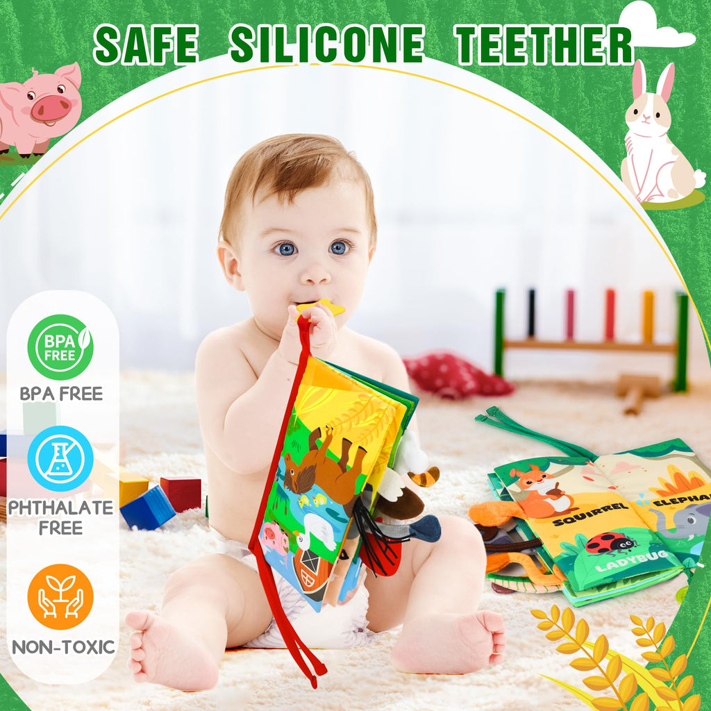 BBWOO Soft Baby Book - Baby Toy - Newborn Boys Girls Shower Gift - Tummy Time Toy for Infant 0-6 6-12 Months - Touch and Feel Sensory Crinkle Book with Teether for Toddler