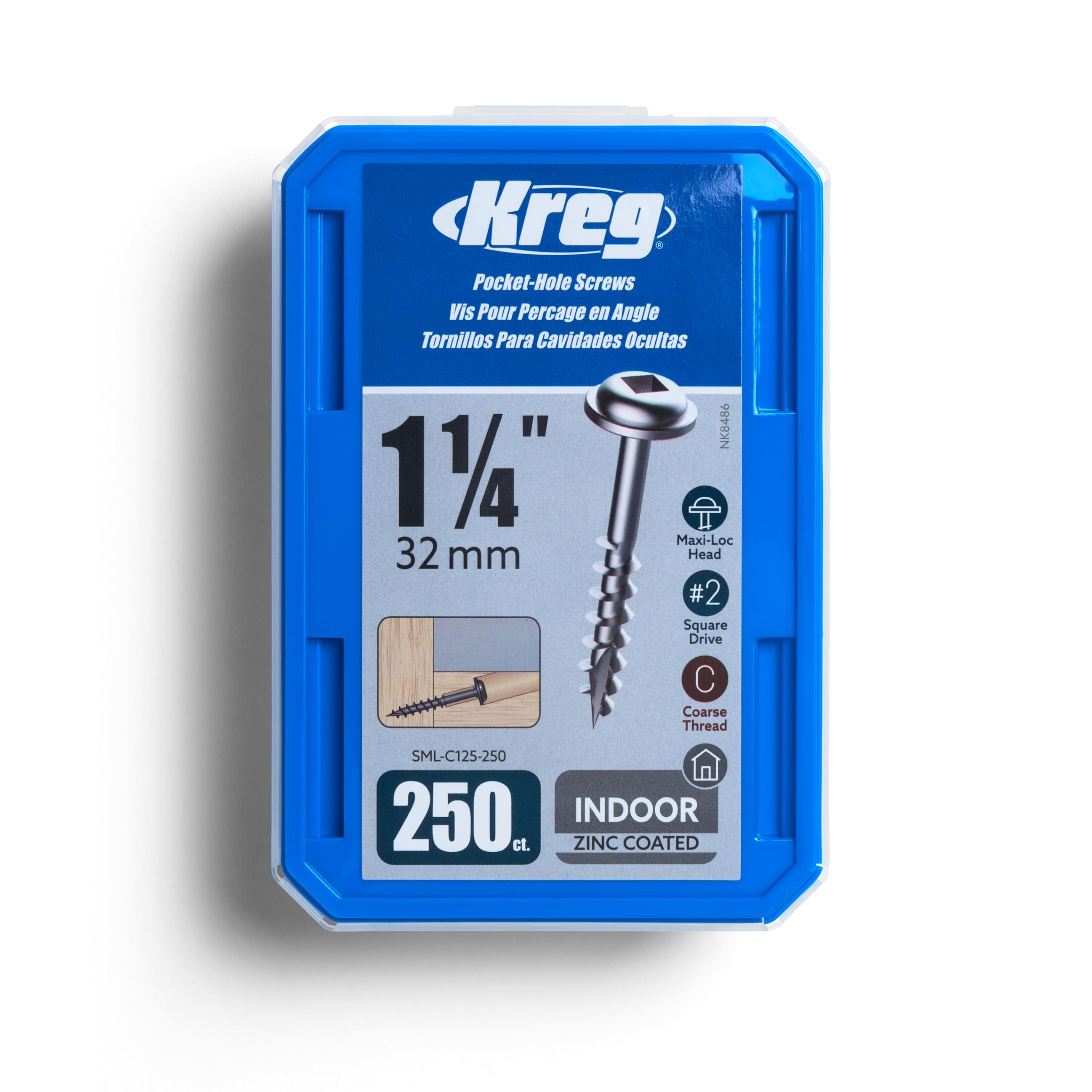 Kreg Zinc Pocket-Hole Screws - SML-C125-250 - 1-1/4 Inch - Coarse Thread - Maxi-Loc Head - Indoor - 250 Count
