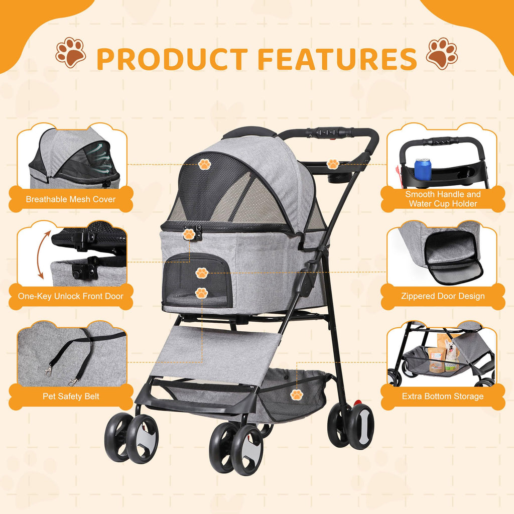 ZENY Pet Stroller, 3 in1 Foldable Dog Cat Jogger Stroller with 4 Wheels, Detachable Basket and Cup Holder, Travel Folding Carrier for Small/Medium Pet (Gray)