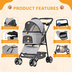 ZENY Pet Stroller, 3 in1 Foldable Dog Cat Jogger Stroller with 4 Wheels, Detachable Basket and Cup Holder, Travel Folding Carrier for Small/Medium Pet (Gray)