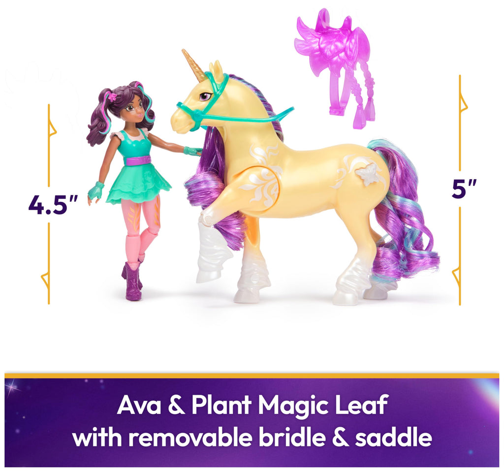 Unicorn Academy, Ava & Plant Magic Leaf with Light-up Effect, 2 Riding Accessories, Dolls & Unicorn Toys for Girls Ages 4 and up