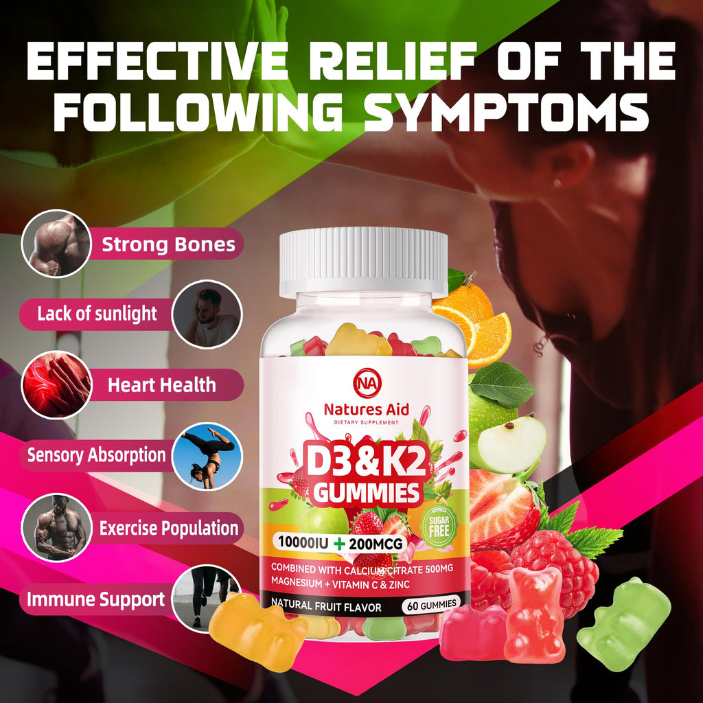 Natures Aid Sugar-Free Vitamin D3 K2 Gummies with Calcium + K2 (MK-7), Magnesium Citrate, Vitamin C, Extra Strength - Ultimate Absorption for Bone Muscle Teeth Immune, Vegan - 60 Gummies