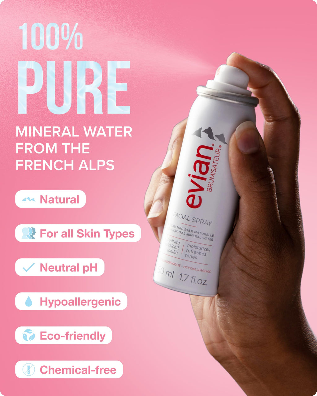 Evian Facial Spray 1.7 oz Travel 6-Pack - Hydrating Mineral Water Mist for Face & Skin - Refreshes Makeup and Tones Skin - TSA-Approved Mini Facial Spray Set for Daily Skincare Hydration