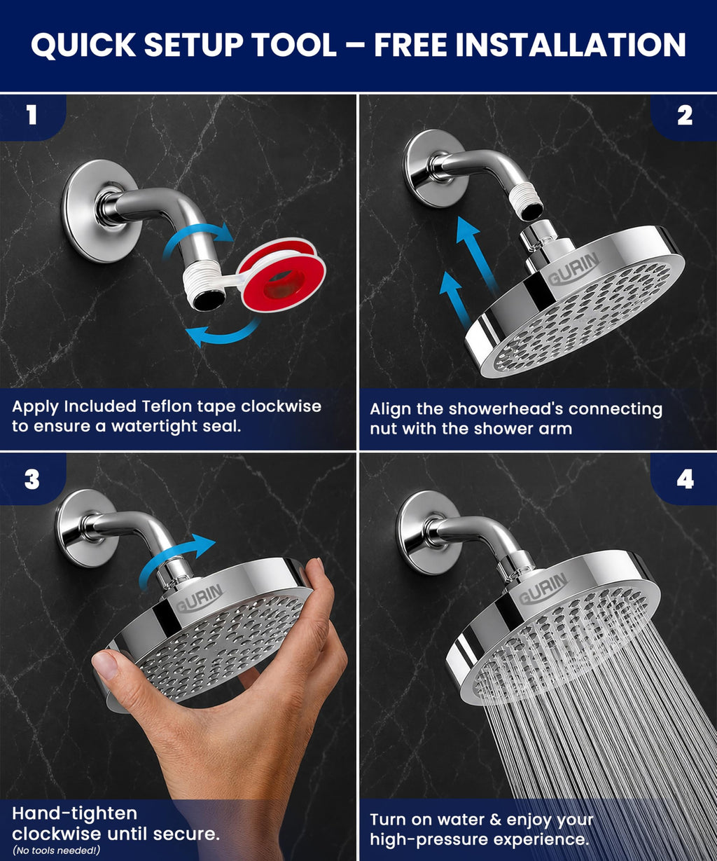 GURIN Shower Head - Powerful High Pressure Rain Shower Head 6 Inch - Luxury Rainfall Showerhead with Adjustable Angles, 90 Anti-Clog Nozzles, Tool-Free 1-Min Install, Premium Polished Chrome Finish