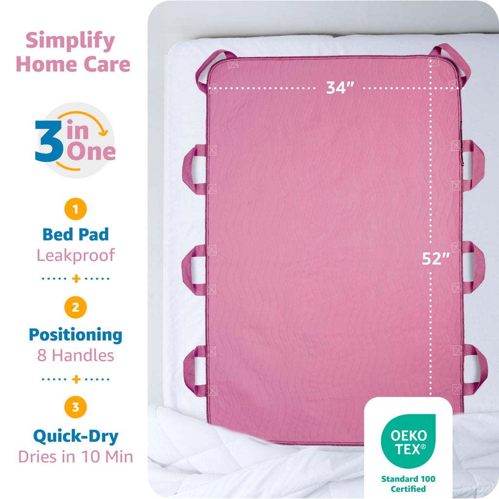 Improvia Positioning Bed Pad, with 8 Reinforced Handles, Quick-Drying, Washable, Waterproof, for Lifting, Turning, Transfering, Elderly and Incontinence Patients (Pink, 34" x 52" - Pack of 1)