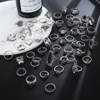 17IF 60 PCS Vintage Silver Goth Ring Set for Women, Punk Boho Chunky Knuckle Stackable Finger Ring Pack Aesthetic Grunge Adjustable Retro Stone Opal Crystal Cat Snake Flower Gothic Rings