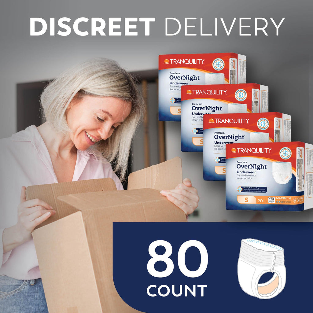 Tranquility Premium OverNight Disposable Absorbent Underwear (80 Count) - S, 22-36 in. Waist - Maximum Absorbency, All-Night Sleep, Breathable Comfort, 80 Adult Diapers