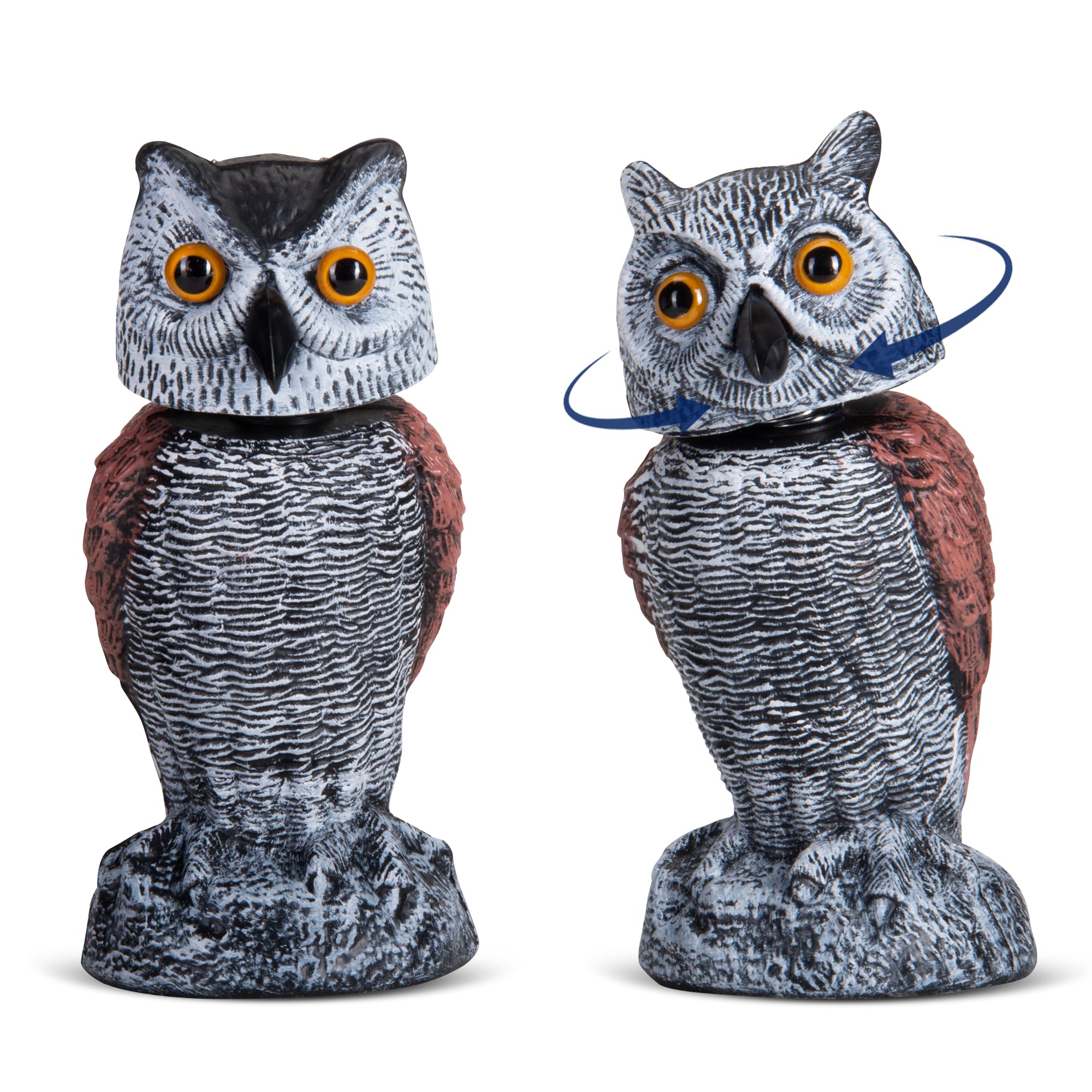 Arrigo Fake Owl Decoys to Scare Birds Away – 2pc Wind-Driven Rotating Head – Plastic Owl Statue Scarecrows – Realistic Deterrent for Critters & Squirrels - Garden, Patio, Boats, and Yard Decor