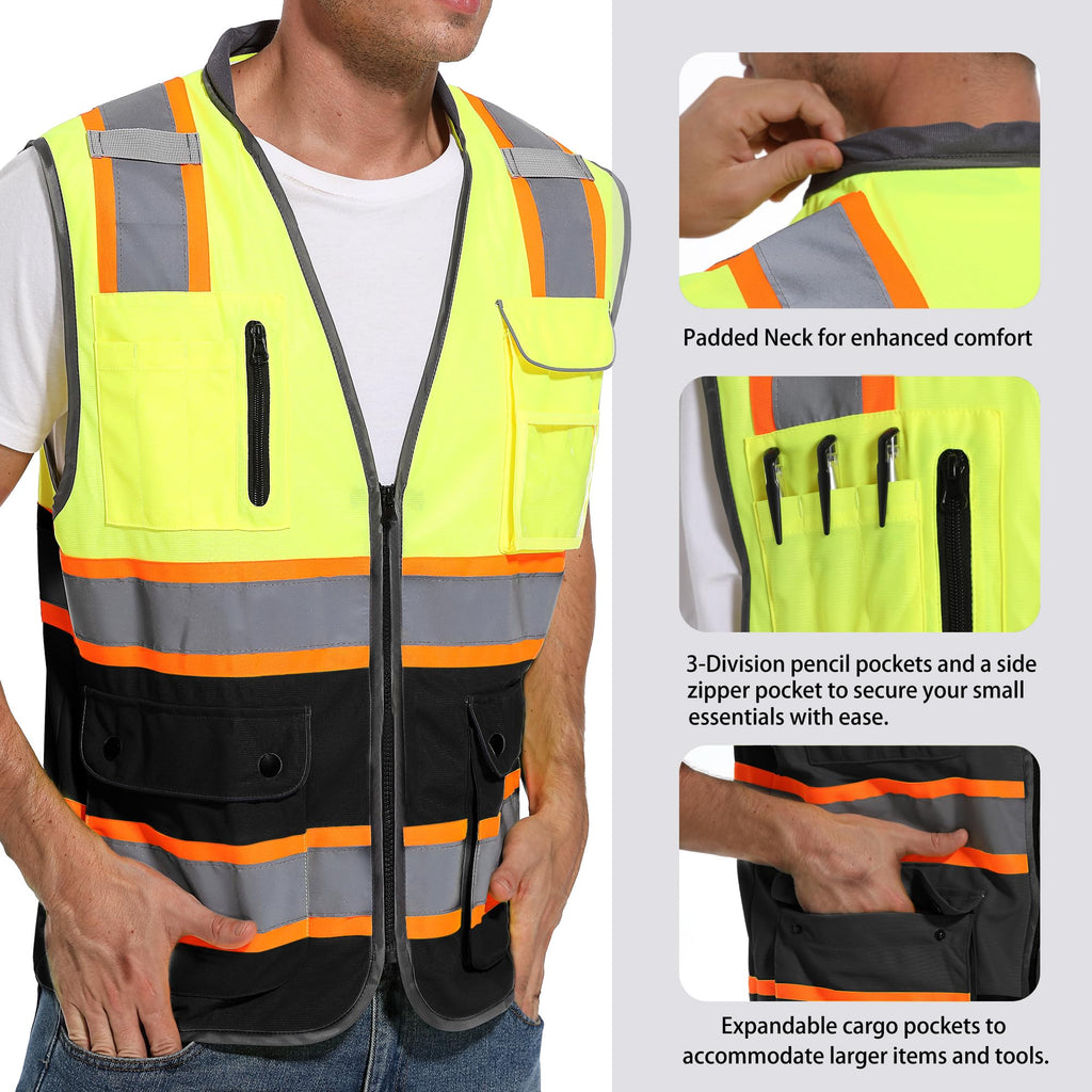 ArcRidge Reflective Safety Vest for Men and Women - High Visibility Construction Vest - Dual Tone Reflective Strips (Yellow-Black-Custom, Small)