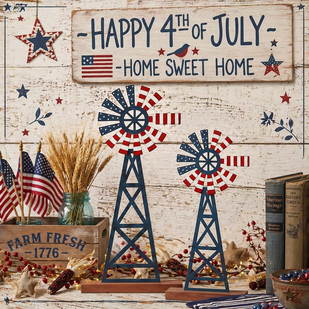 Tandefio 2 Pcs 11.8 Inch Metal Patriotic Farmhouse Windmill Tabletop Decor