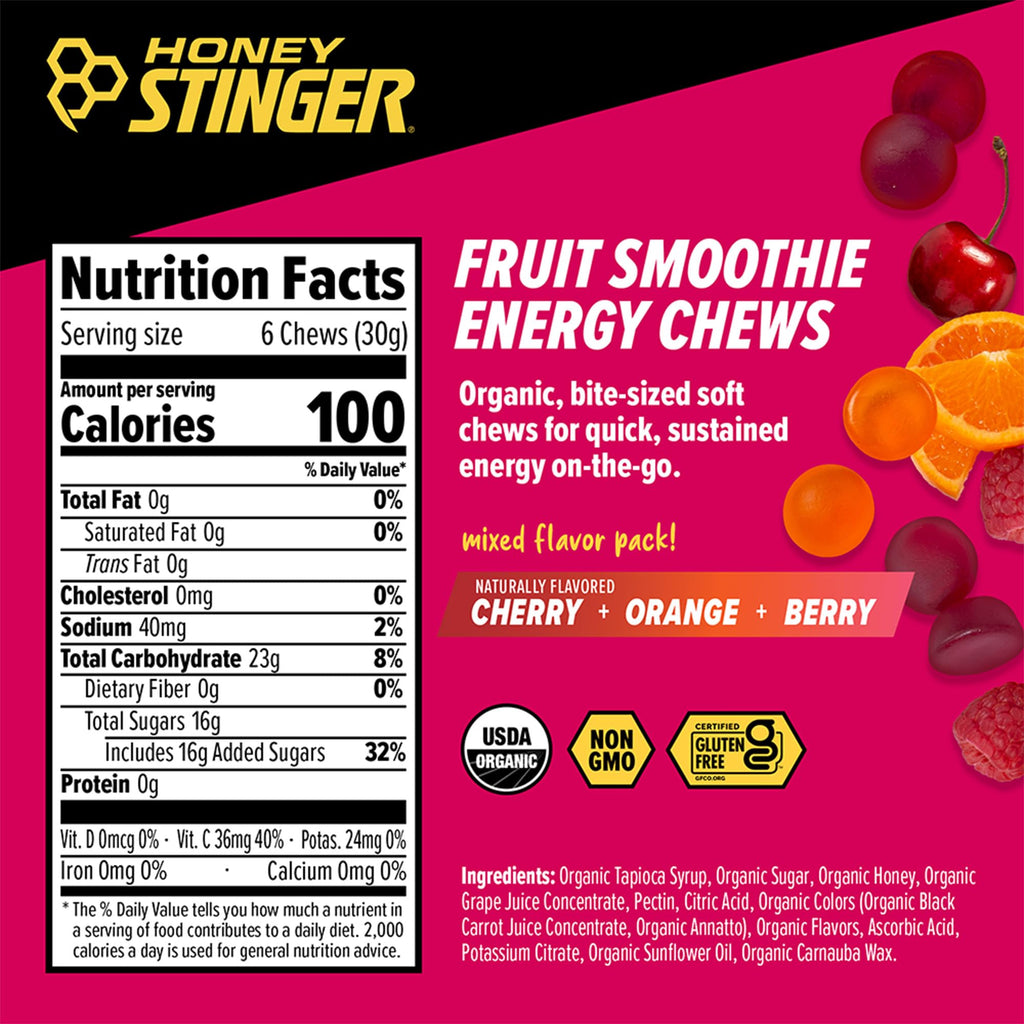 Honey Stinger Organic Fruit Smoothie Energy Chew, Gluten Free & Caffeine Free, for Exercise, Running and Performance, Sports Nutrition for Home & Gym, Pre and Mid Workout, 21.6 Ounces (Pack of 12)