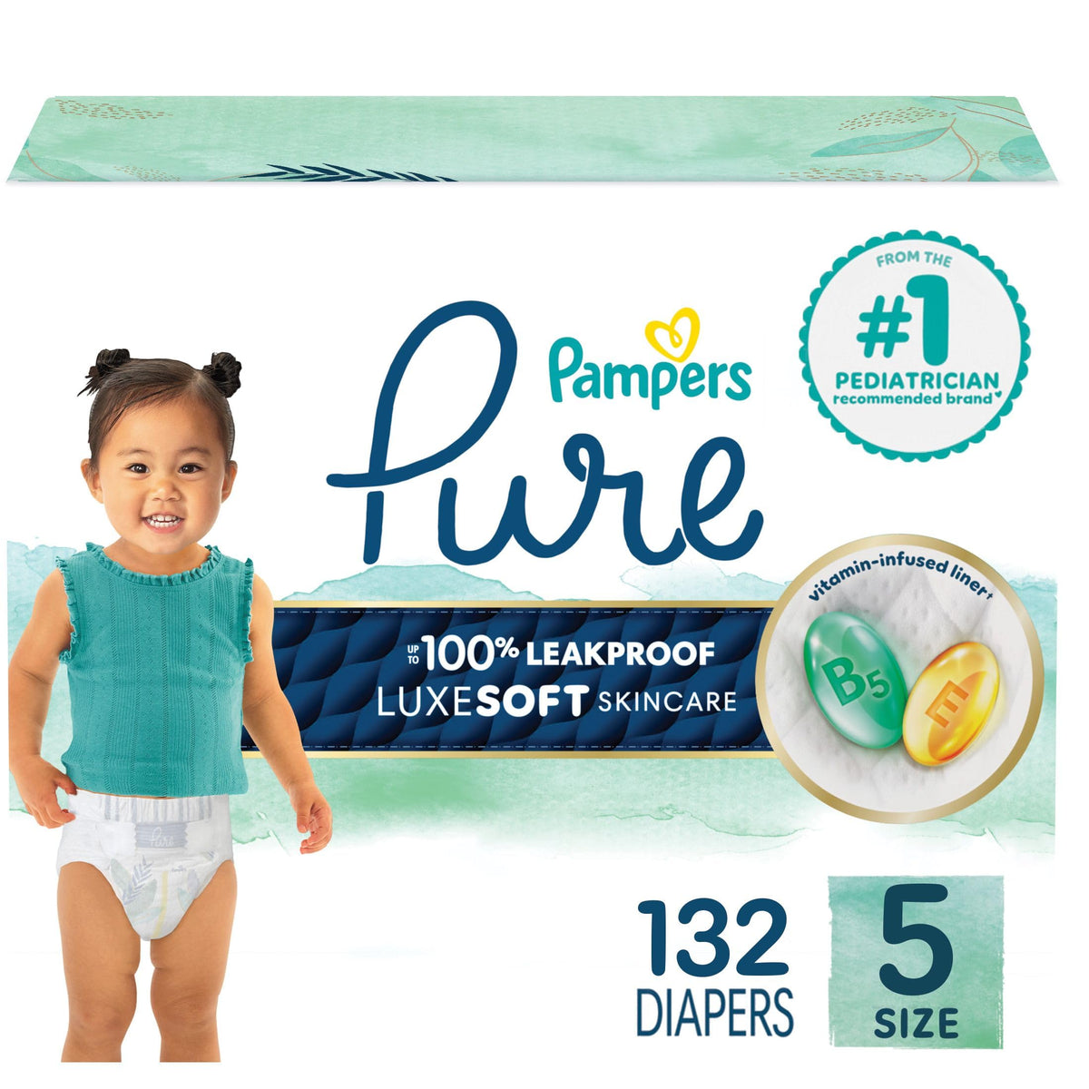 Pampers Pure Baby Diapers, Size 5 (27+ lbs), 132