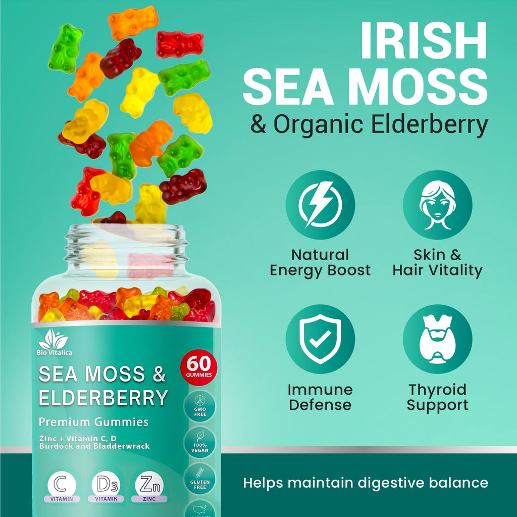 BIO VITALICA Sea Moss Gummies Elderberry BioVitalica - Vitamin C D + Zinc - Irish Seamoss Vegan Gummy with Sea Moss Gel & Powder for Immunity, Detox - for Adults and Kids (3Packs)